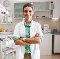 A female dentist smiling with her arms crossed and awaiting a patient